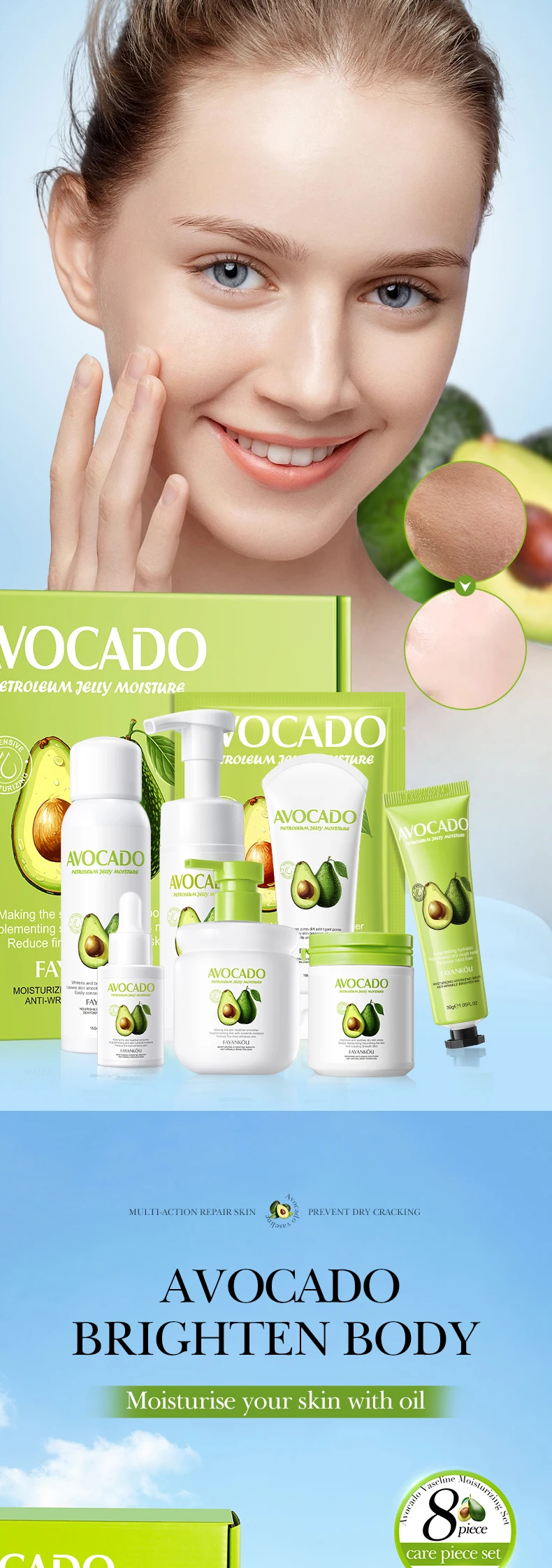 FAYANKOU Facial Care Kit Skincare Product Supplier Hyaluronic Acid Moisturizing Anti aging Serum Avocado Skin Care Set factory