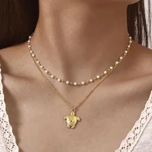 Womens Beach Vacation Style Stainless Steel 18k Gold Plated Turtle Pendant Double Layer Necklace Imitation Pearls Jewelry
