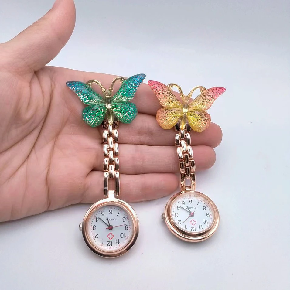 Butterfly Colorful  FOB Quartz Movement Nurse Brooch  Pocket Fob Watches Breast Nurse Watch Clip Nurse Pocket Doctor Watch