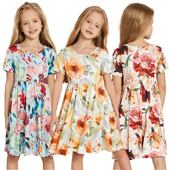 New Design Summer Fashion Short Sleeve Floral Dress For Kids Baby Girl Children 2-10