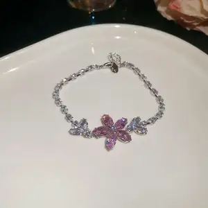 Custom Copper Pink & Blue Flower Diamond Bracelet Fancy Ladies' Fashion Chain & Link Jewelry for Women