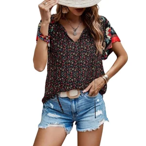 Women's Summer Eco-Friendly Breathable Casual Style Floral Printed V-neck Bell Short-sleeved Loose Shirt Blouse