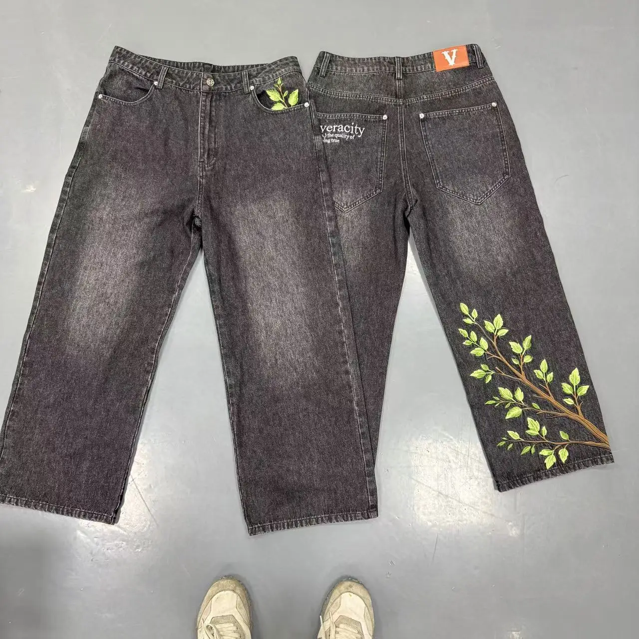 Customize Rock Revival High Waist Light Loose Studded Ripped Oversized Wide Leg Wax Vintage Distressed Denim Pants Baggy Men