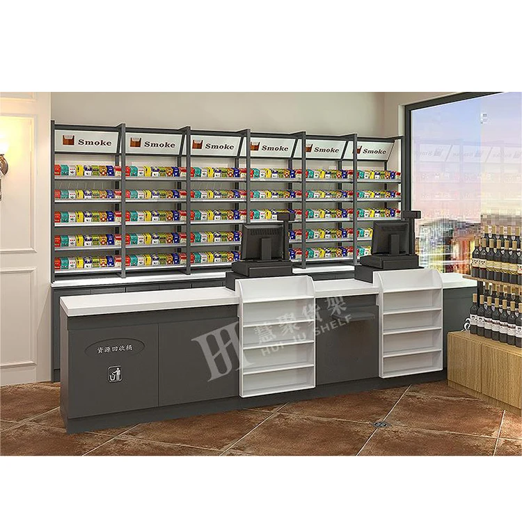 Meicheng Customized Retail Convenience Store Cashier Desk With Wine Rack Shelf Tobacco Display Stand