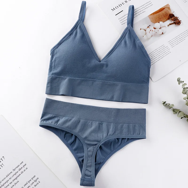 French Backless Push up Underwear Set Women G-String Seamless Bralette Female Lingerie Soft Tank Crop Top Gym Sport Bra Set