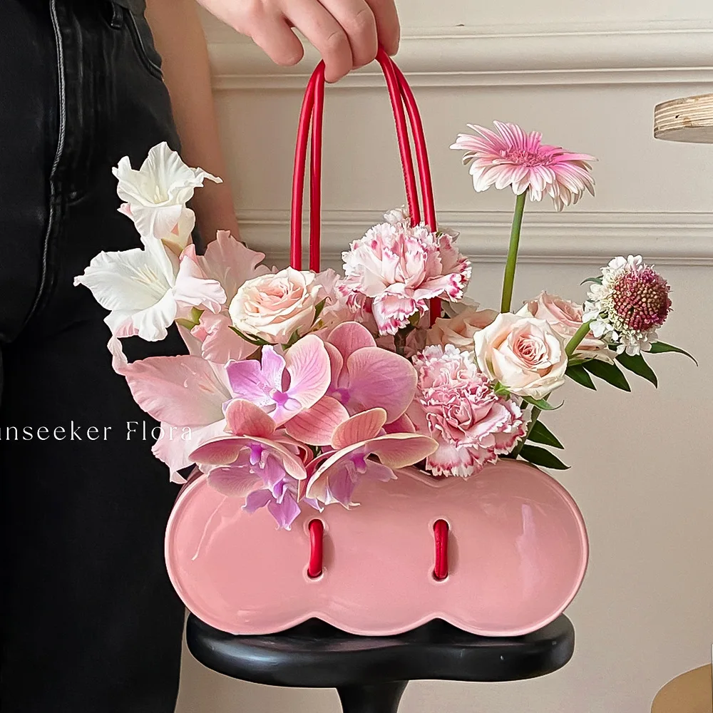 Vase en Céramique Tenu à la Main, Art Créatif, Panier à Fleurs en Forme de Sac, Style Ins Élégant, Sens Avancé, Cadeau pour Floriste