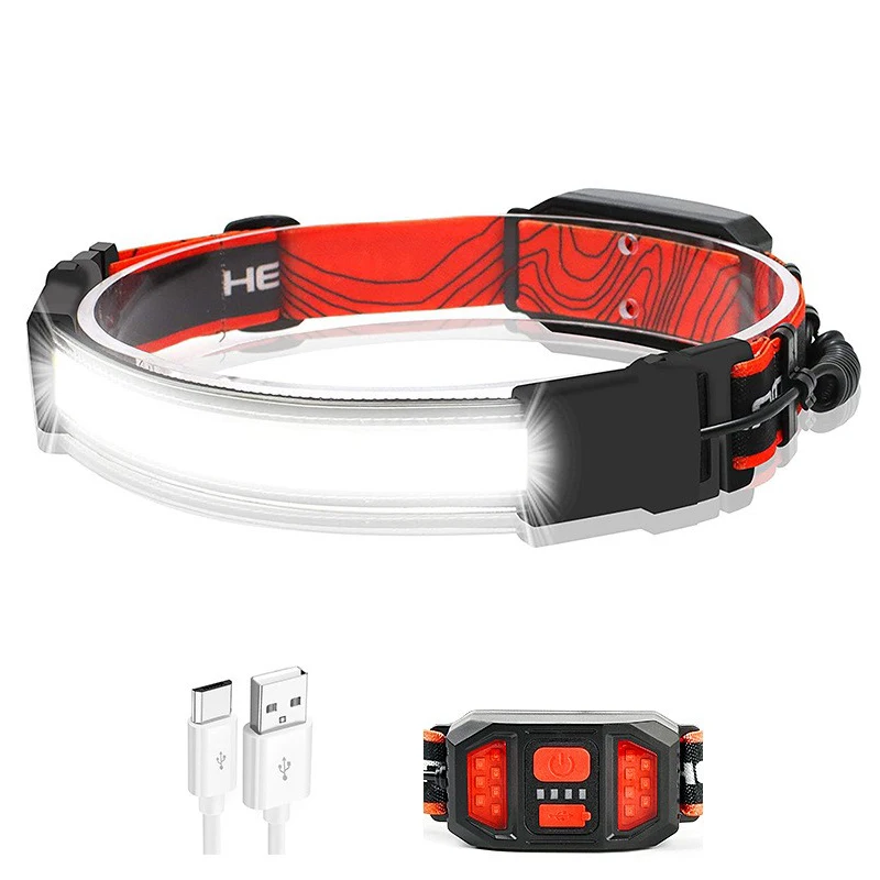 High Power Waterproof Led camping headlight Strip Wide beam USB Cob rechargeable headlamp flashlight for running