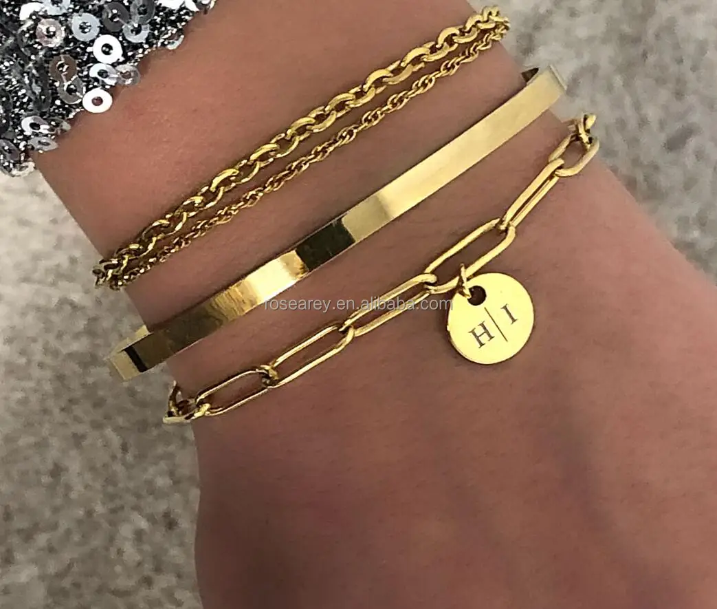 Gold Paper Clip Engraved Bracelet for Women | 3 Tags