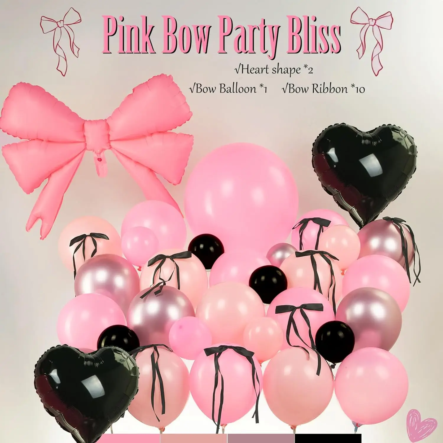 product 150pcs pink black bow balloon garland arch kit bow tie and bow mylar balloons for girls birthday decorations-3
