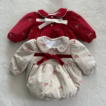 Autumn and Winter Korean Style Triangular Climbing Instagram-inspired Velvet-lined Baby Romper Girls Warm Long-sleeved Jumpsuit