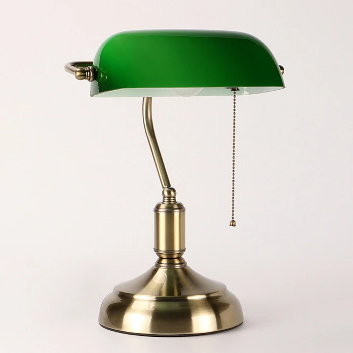 Retro Bar Table Antique Classic Power Tiffany Green Glass Shade Metal Banker Lamp
