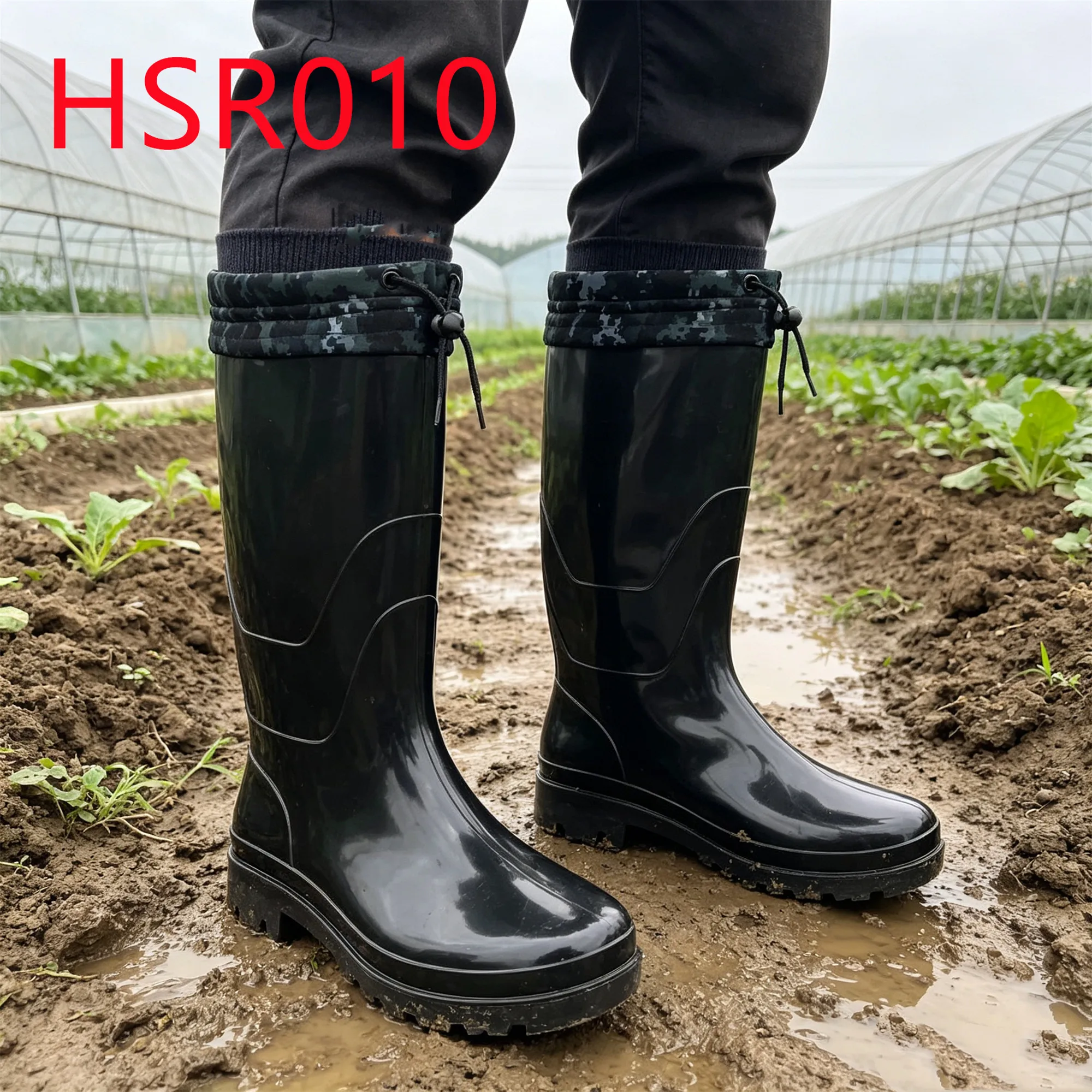 HY,Sewage Treatment Adjustable Drawstring Design Hua Singh Rain Boots Georgia Glossy/matte One-shot Molding Rubber Boots HSR010
