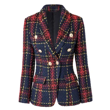 Women tweed plaid double breasted suit jacket autumn and winter slim fit and slim retro woolen plaid suit