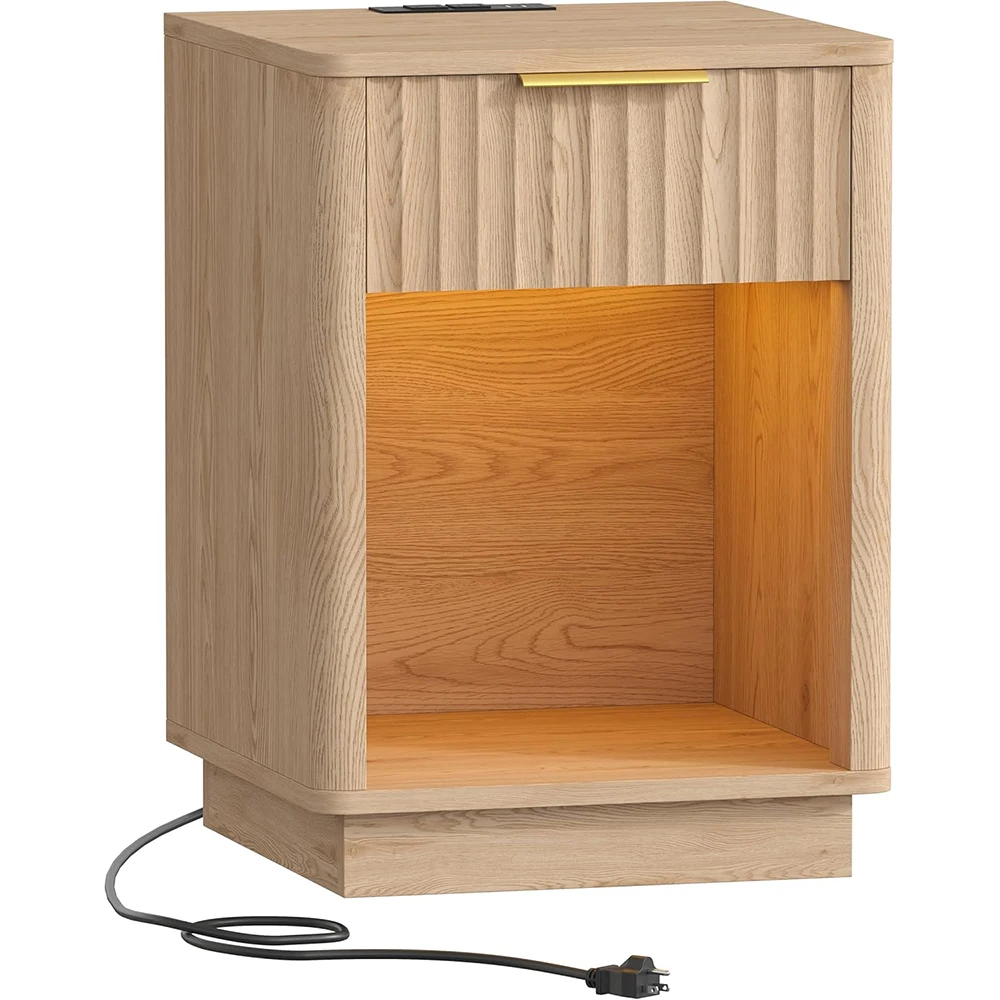 product nu deco mh25827 modern mid century wooden nightstand charging station led light drawer 15dx157wx226h bedroom natural oak-3
