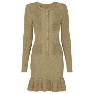2026 New Design Premium Slim Fit Round Neck Long Sleeve Knit Dress for Daily