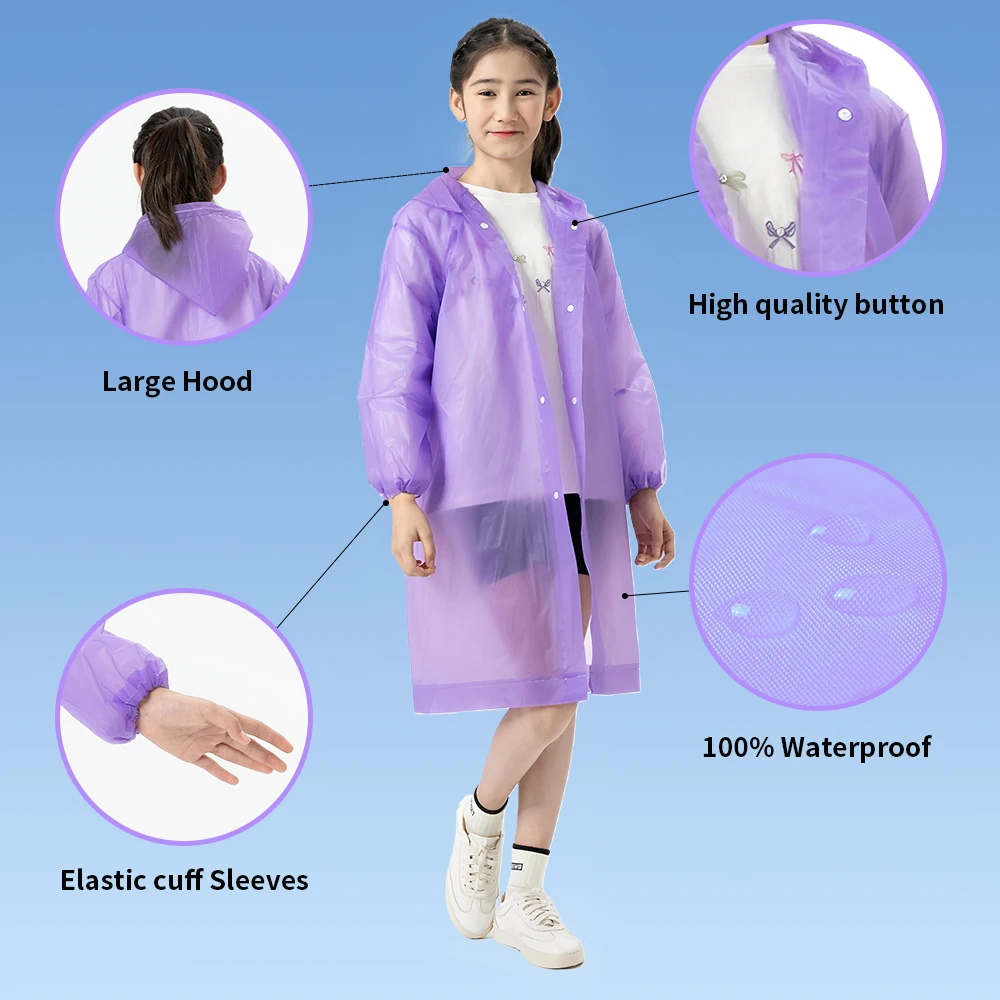 Kids Rain Poncho 2 Pack, Reusable Raincoat Rain Jackets For 6-14 Girls Boys