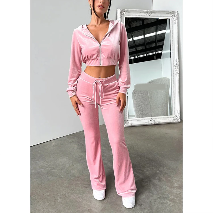Custom Juicy Velour Tracksuit Set For Women Piece Cropped