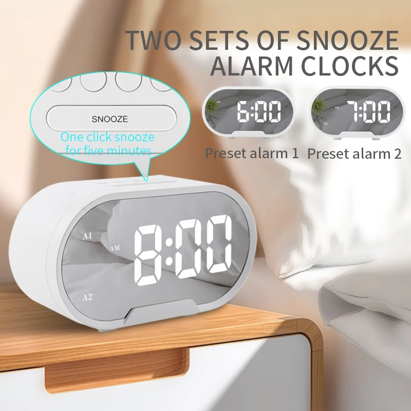 Best Large Time Display USB Batteries Powered with 2 Groups of Alarms and Snooze Function Mirror Alarm Desk Clock for Bedroom