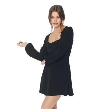 Women Classic square neck long sleeve girls dresses fall winter fit and flare little black dress