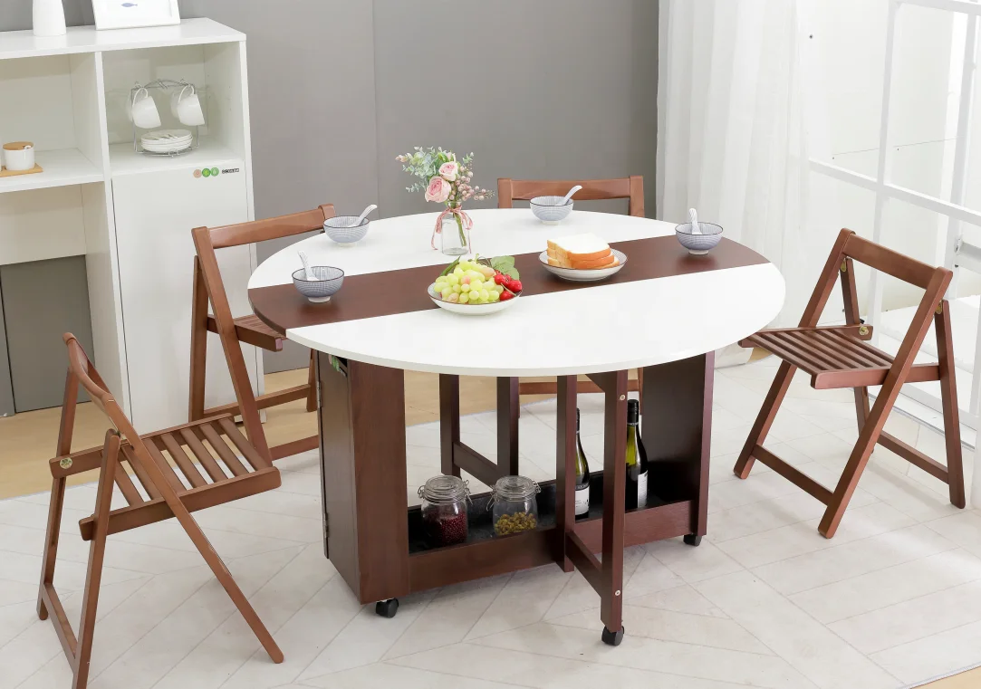 Moveable and Foldable Wooden Round Dining Table