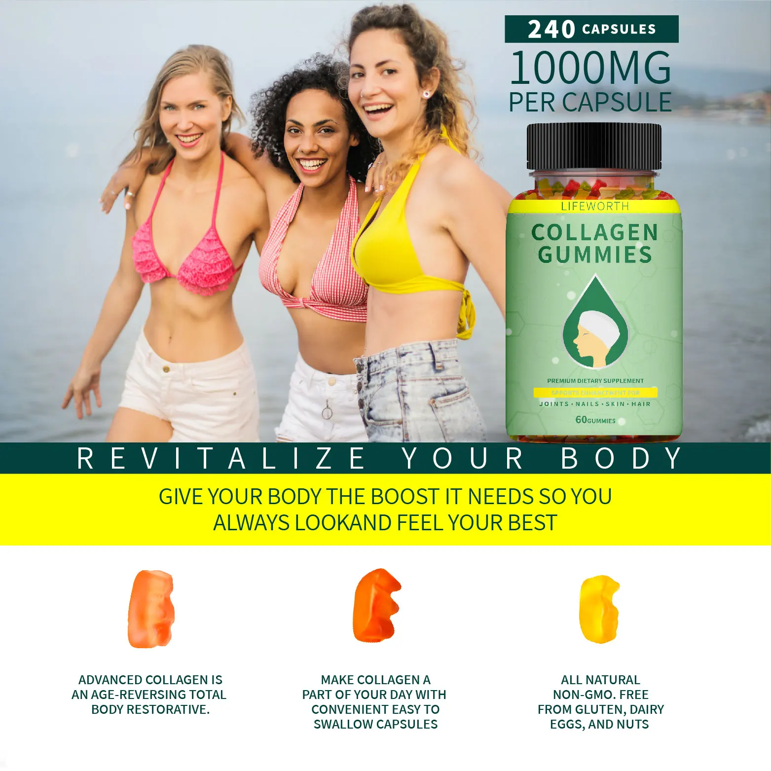 
 Коллагеновые добавки Lifeworth для ухода за кожей с полным спектром, конопляные жевательные трубки  