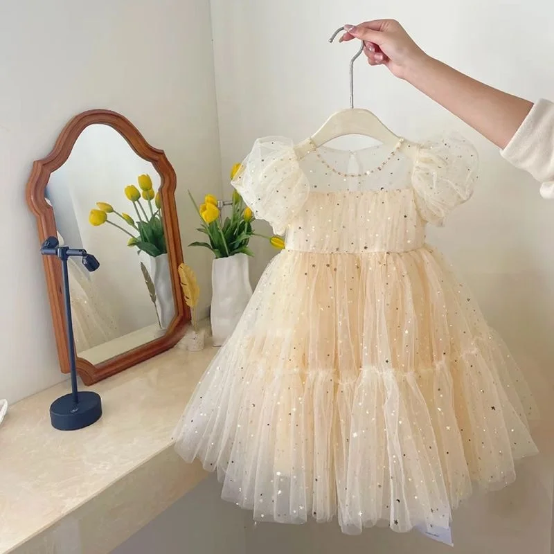 2023 Korean Design Puff Sleeve Infant Girls' Lace Fairy Dresses Solid