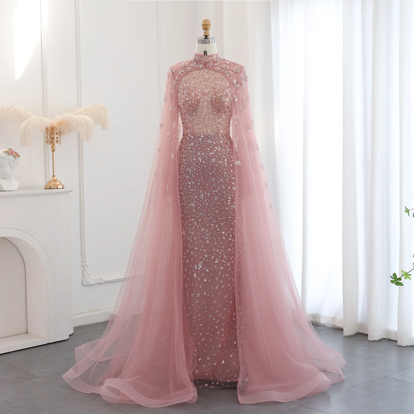 Peach Pink Mermaid Elegant Cape Sleeves Beaded Evening Dresses Prom Formal  Arabic Gowns SZ202-1| Alibaba.com