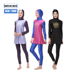 2026 Custom Muslim Long Sleeve Geometric Swimsuit for Women Full Coverage Fashionable Headscarf Pants Front Logo for Swimming