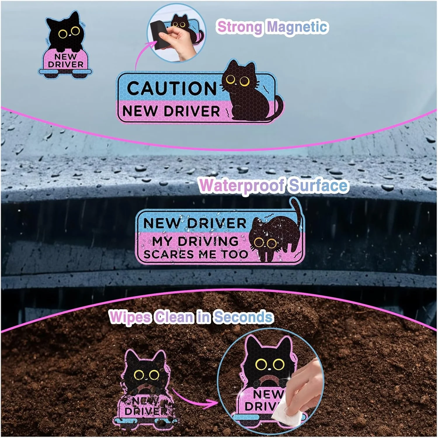 Black Cat New Driver Magnet for Car Reflective Student Driver Sign with ...