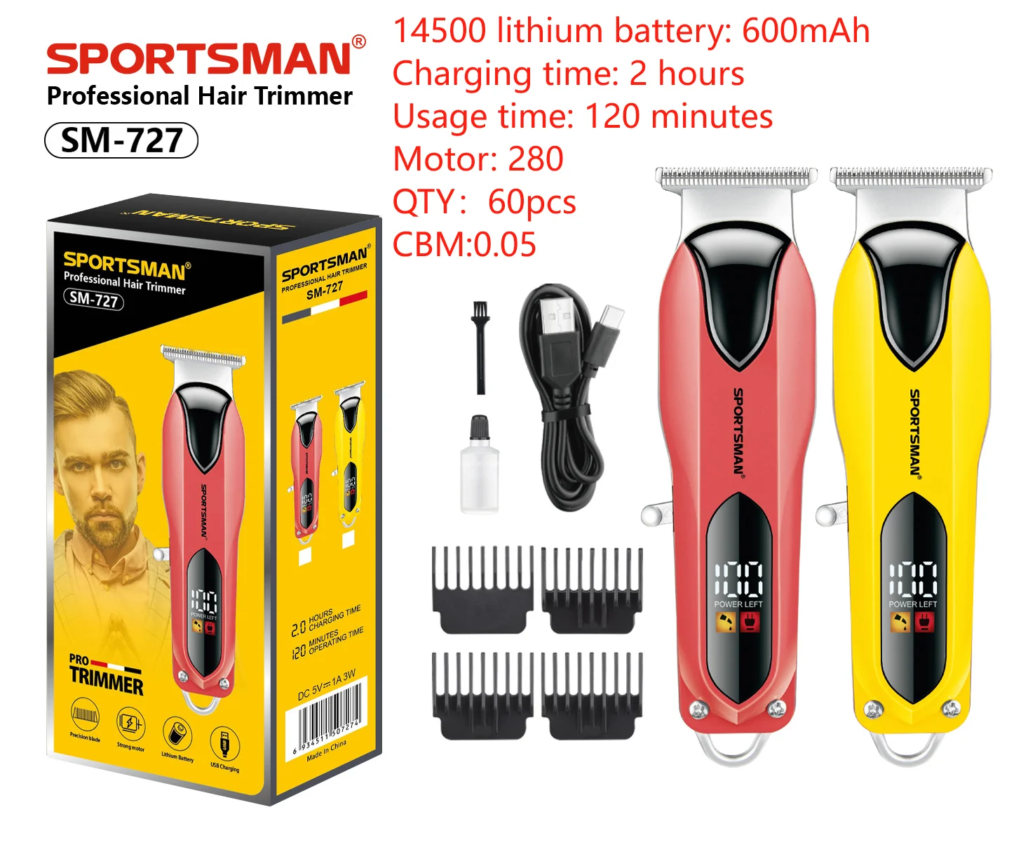 Professional Cordless Hair Clippers for Men 6,000 RPM Motor Adjustable Stainless Steel LED Display 120-Min Runtime USB English