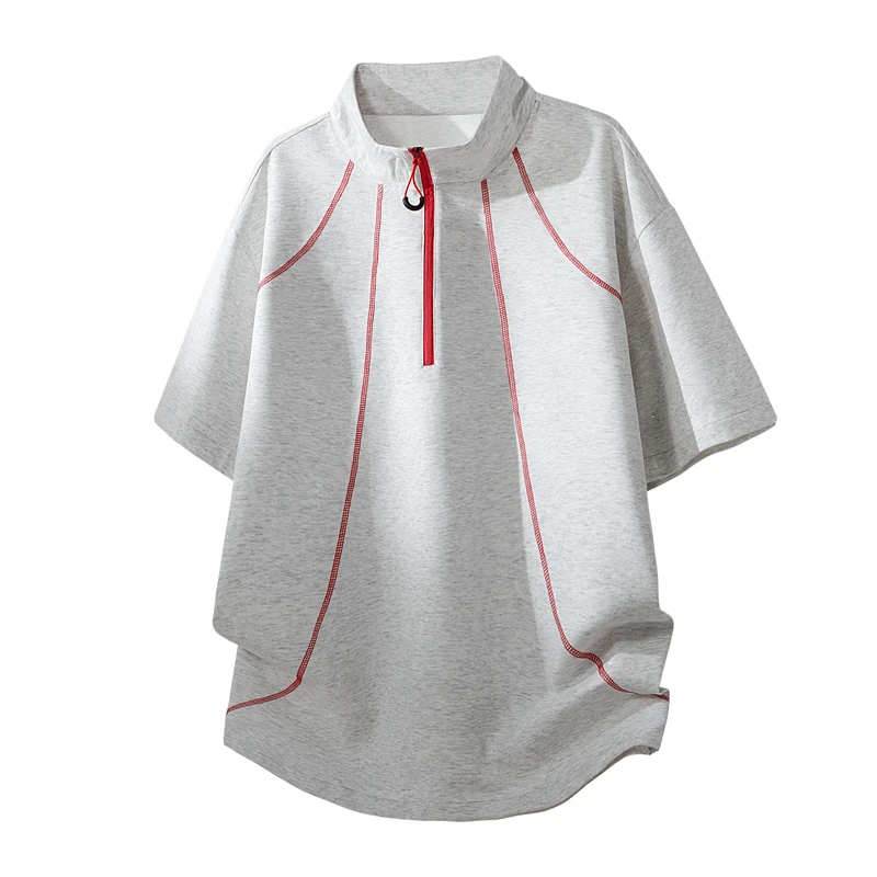 Men's half-zip turtleneck T-shirt, contrasting stitching, casual and breathable, 50% cotton, 44% polyester, 6% spandex, short-sleeved streetwear.