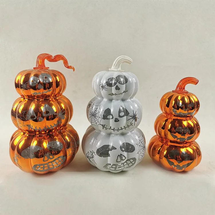 Wholesale laser engraving scary face stacking white orange halloween indoor decorations led light up glass pumpkins home goods