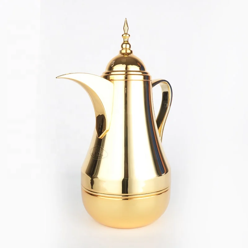 TURKISH STYLE NOBLE GOLDEN 1000ml LONG MOUTH DALLAH METAL BODY GLASS VACUUM FLASK THERMAL JUG