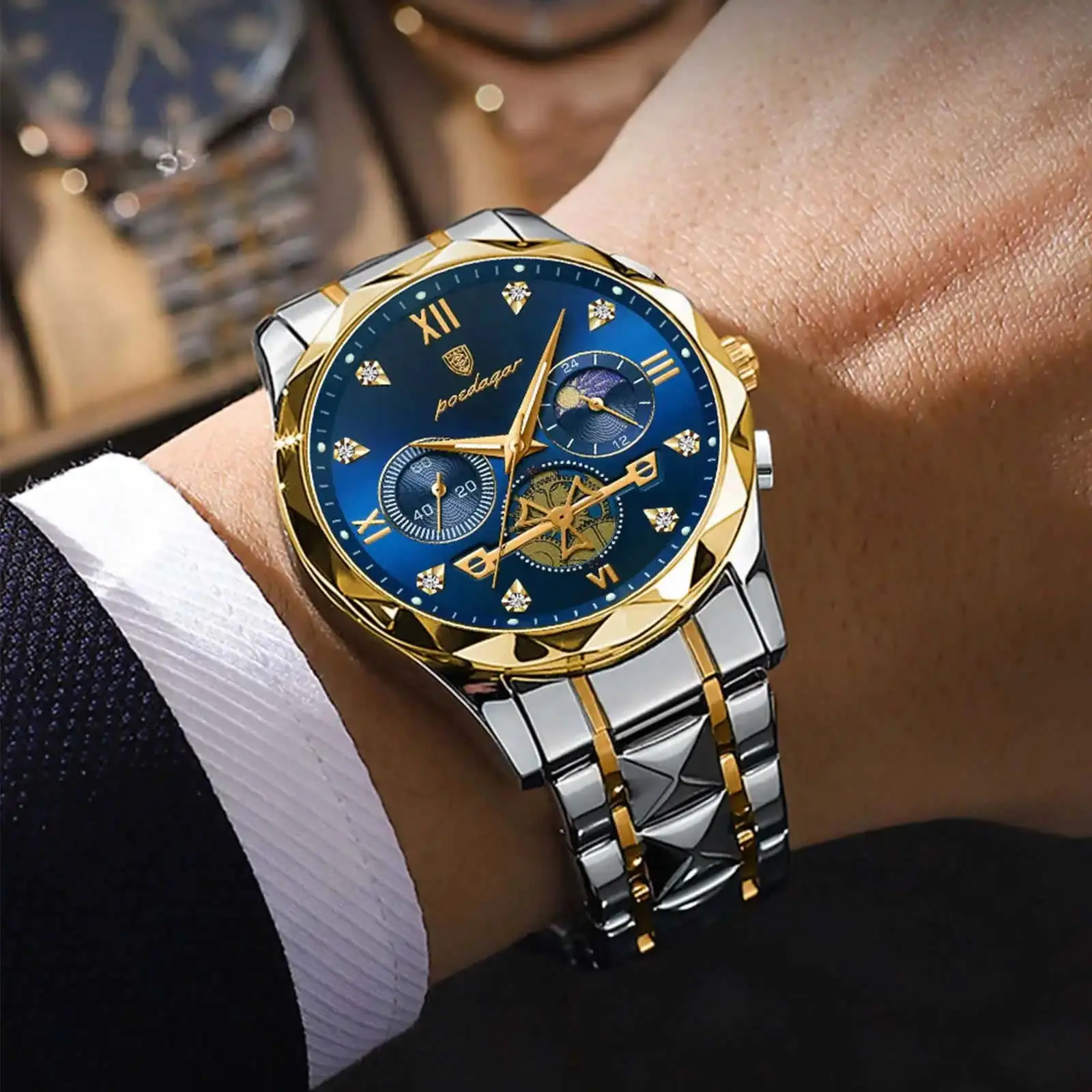 Poedagar 996 Luxury Chronograph Stainless Steel Quartz Watches Waterproof Luminous Men W aperçu 5