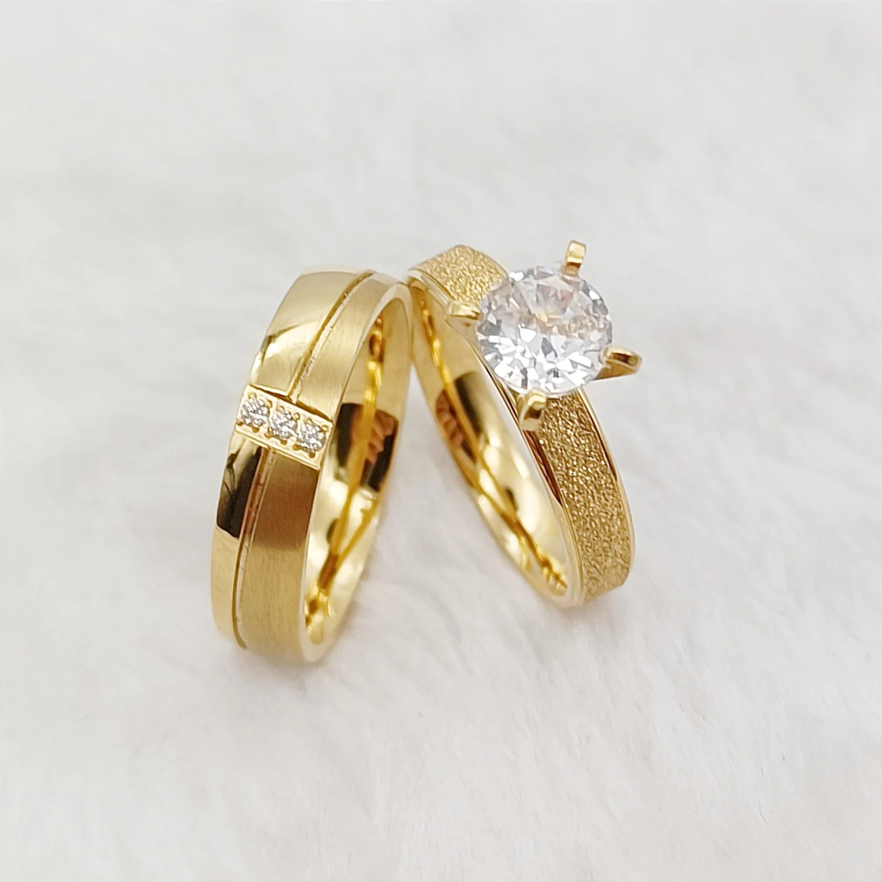 Anillos De Compromiso De Boda Clásicos De 3 Uds., Juegos De Novia Para Hombr Y Mujer Martillados, Joyería De Acero Inoxidable Chapada En Oro De 24k - AliExprs