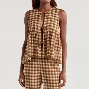 Clothing Manufacturers Custom Spring Summer Autumn Casual Pleat Plaid  Pajamas Vest Top