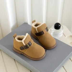 Hot Selling Winter Girls' Cotton Leather Shoes Fashionable Boken Leather Buckle Short Boots Children's Casual Shoes