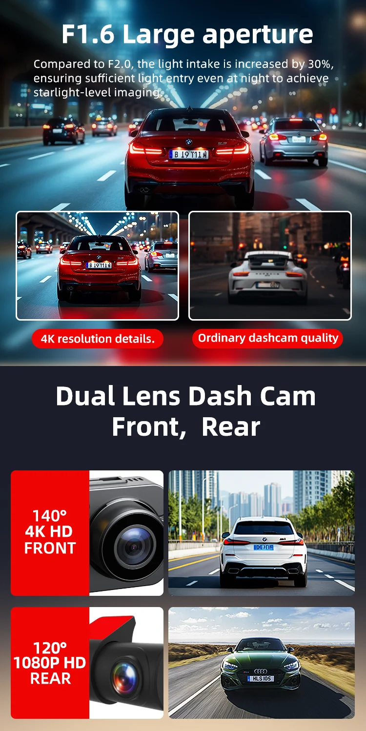 2-Inch Night Vision Dual Lens Car Dash Camera 4K Front and 1080P Rear View Recorder for Reverse with WIFI GPS Voice Control factory