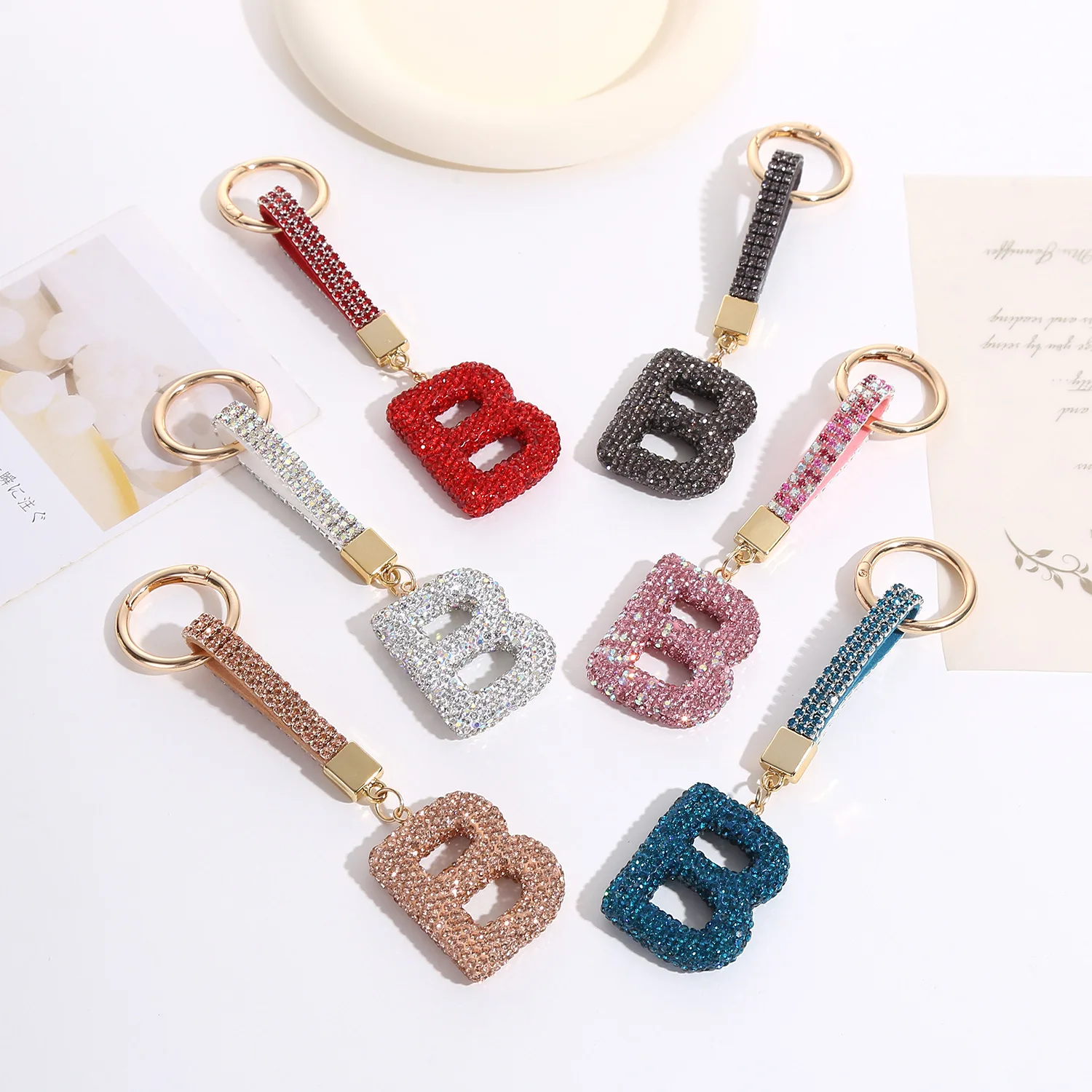 Wholesale Colored Rhinestone Car Keychain Fashion Full Diamond Zircon  Initial B Hoop Crystal Keychain for Schoolbag