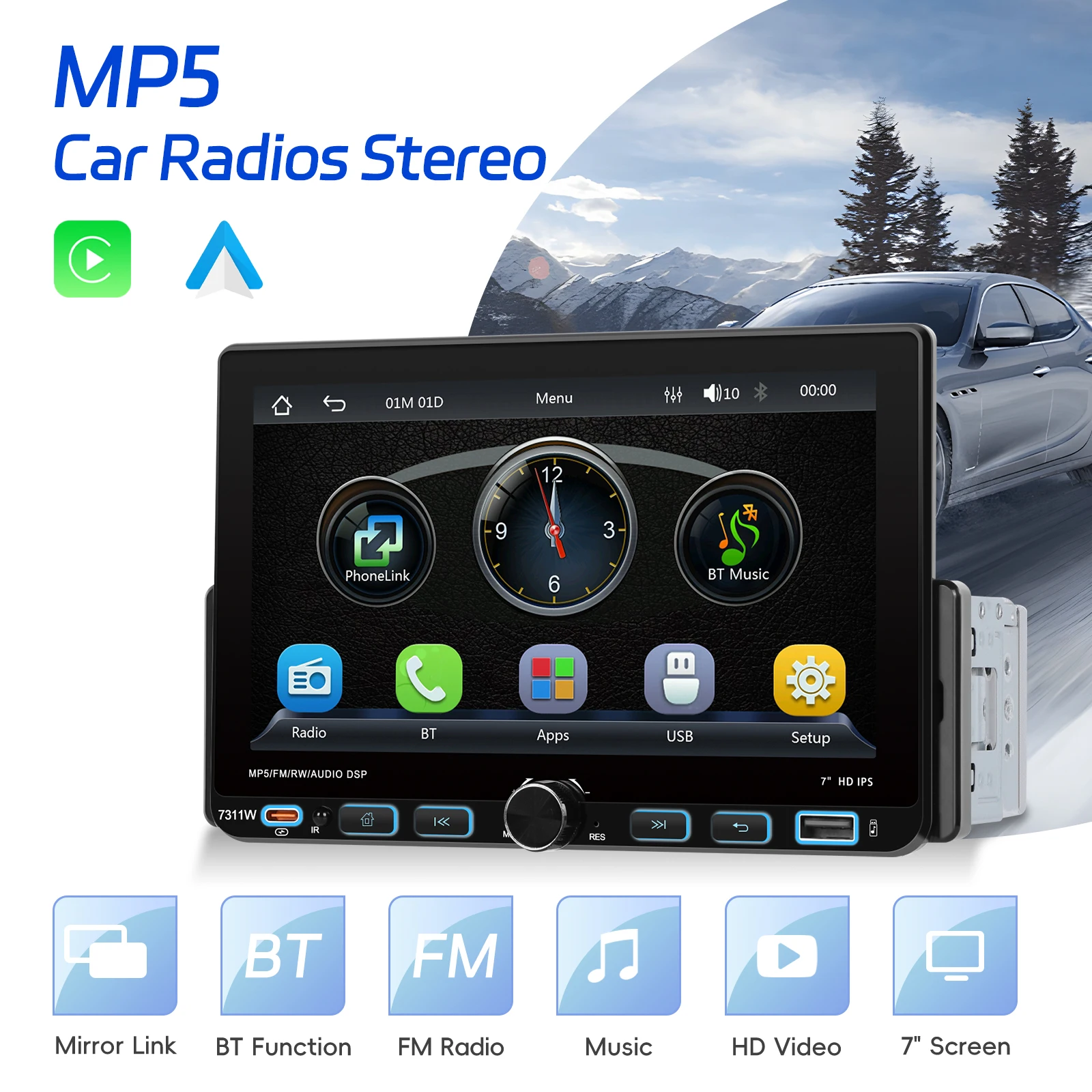 Podofo Radio para Coche con Carplay inalámbrico y Android Auto, Pantalla táctil de 7 Pulgadas, Pantalla Carplay portátil con Bluetooth, Mirror Link, Control en el Volante, Puerto de Tarjeta USB/TF