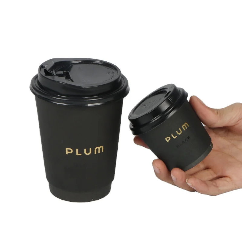 Custom Logo printed disposable double wall gold foil stamping black hot coffee paper cup
