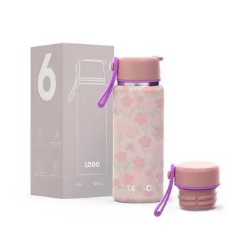 Factory Direct 6oz Pocket Water Bottle Stainless Steel 304 Pink Flower Flask Double Wall Vacuum Thermal Bottle For Kids