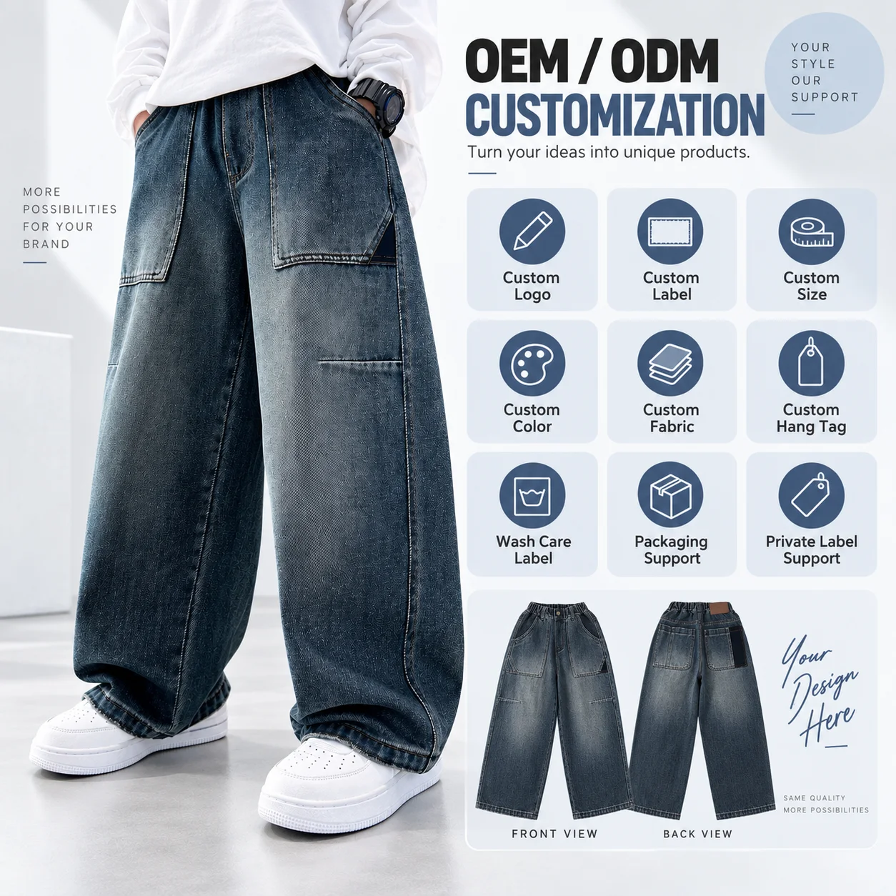 4-14Y Boy and Teenage High Waist Wide Leg Baggy Denim Pants Streetwear Denim Loose Fit Jeans Trousers for Young Boy
