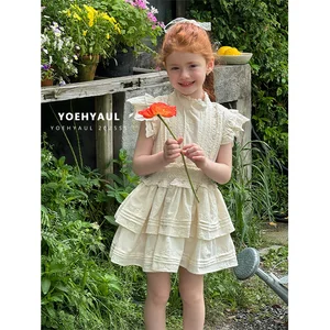 YOEHYAUL 25128 Girls Cotton Dresses Kids Lace Fly Sleeve Embroidered Dresses Elastic Waist Pleated Short Dresses for Girls