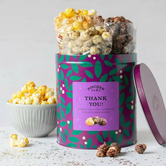 Wholesale printing luxury food grade empty popcorn tin cans stackable large christmas popcorn tins metal popcorn tin bucket supplier