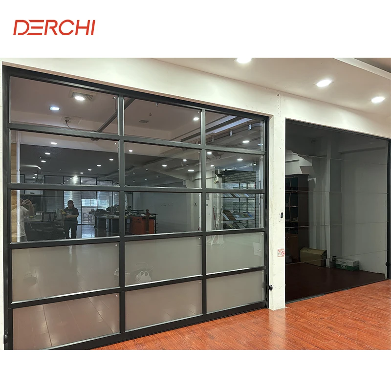 DERCHI 9x8 9x7 16x7 Modern Sectional Overhead Full View Aluminum Tempered Glass Panel Garage Door Price Plexiglass Garage Door