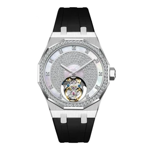 Custom Luxury Mother of Pearl Dial Crystal Bezel Silicone Strap Watch Luxury Full Diamond Business Men's Real Tourbillon Watch