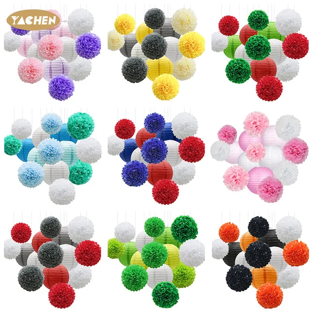 YACHEN 15Pcs Hanging Paper Lanterns and Pom Poms Flowers Set for Christmas Halloween Valentines Day Birthday Party Decorations