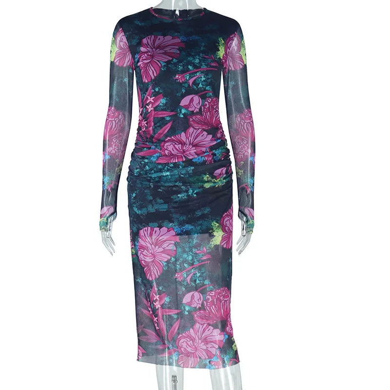 womens fall dresses with sleeves Women's Bodycon Maxi Dress Fall Fashion Long Sleeve Floral Print Tight –  Divahotcouture main image 0