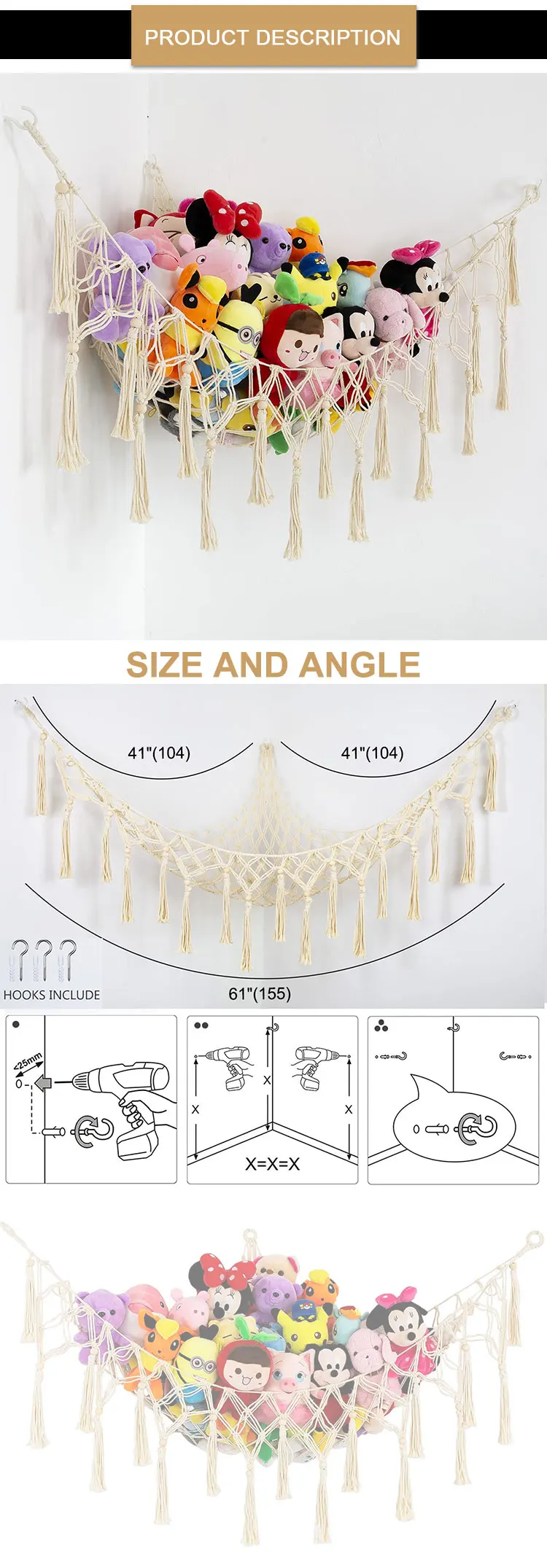 Hanging Storage Net Organizer Teddy Bear Mesh Toy Net Organizer Black